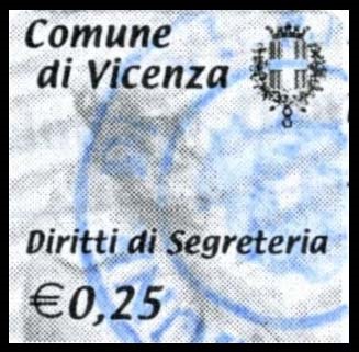 Marca da Bollo del Comune di VICENZA su Carta Bianca di dimensioni 21 x 20 mm