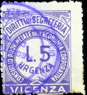 Marca da Bollo del Comune di VICENZA su Carta Bianca di dimensioni 21 X 27 mm