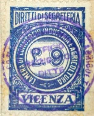 Marca da Bollo del Comune di VICENZA su Carta Bianca di dimensioni 21 X 27 mm