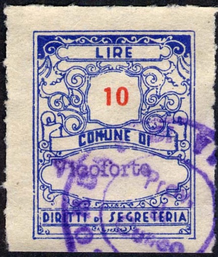 Marca da Bollo del Comune di VICOFORTE su Carta Bianca Sottile di dimensioni 22,5 x 29 mm