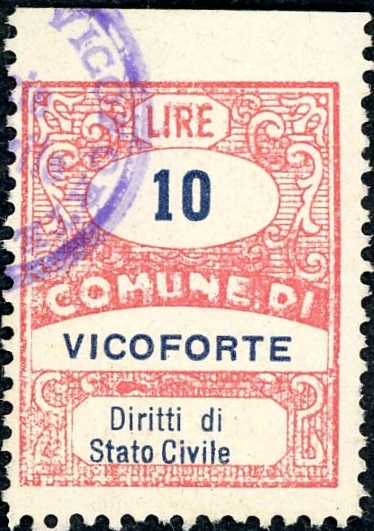 Marca da Bollo del Comune di VICOFORTE su Carta Bianca Sottile di dimensioni 22 x 28 mm