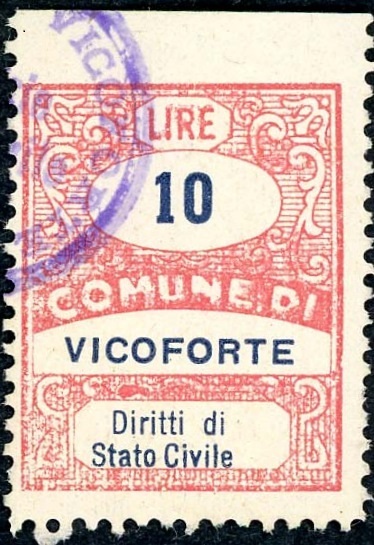 Marca da Bollo del Comune di VICOFORTE su Carta Bianca Sottile di dimensioni 23 x 32 mm
