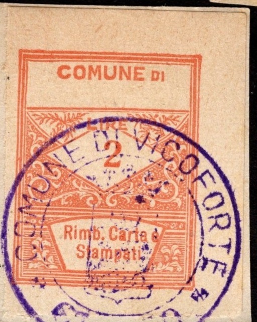 Marca da Bollo del Comune di VICOFORTE su Carta Bianca Sottile di dimensioni 21 x 29 mm