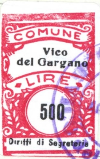 Marca da Bollo del Comune di VICO DEL GARGANO su Carta Bianca di dimensioni 18 x 27 mm