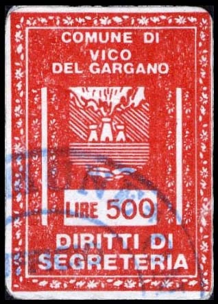 Marca da Bollo del Comune di VICO DEL GARGANO su Carta Bianca di dimensioni mm