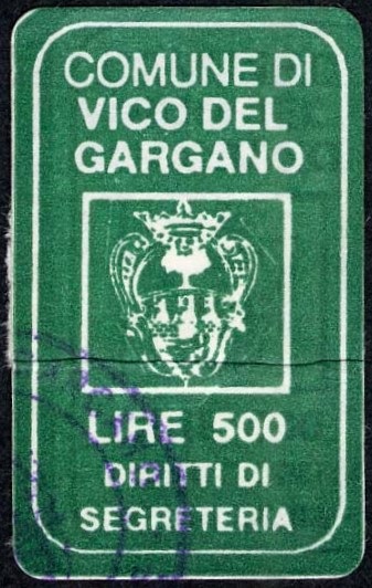Marca da Bollo del Comune di VICO DEL GARGANO su Carta Bianca di dimensioni mm