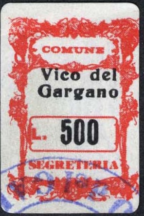 Marca da Bollo del Comune di VICO DEL GARGANO su Carta Bianca di dimensioni 19 x 25 mm