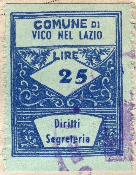 Marca da Bollo del Comune di VICO NEL LAZIO su Carta Colorata di dimensioni 22 x 29 mm