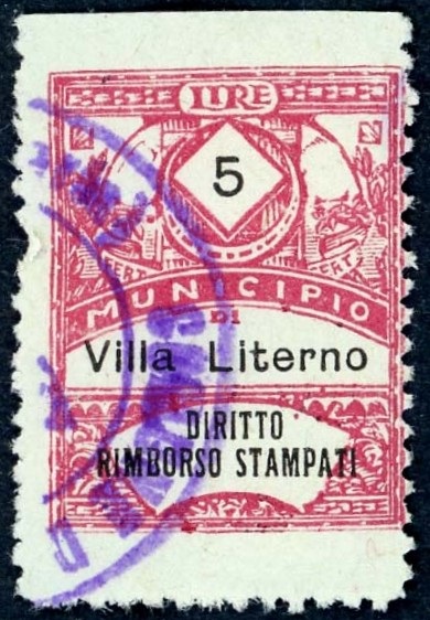 Marca da Bollo del Comune di VILLA LITERNO su Carta Bianca Sottile di dimensioni 29,5 x 36,5 mm