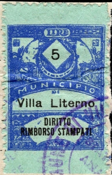 Marca da Bollo del Comune di VILLA LITERNO su Carta Colorata di dimensioni 29,5 x 36,5 mm
