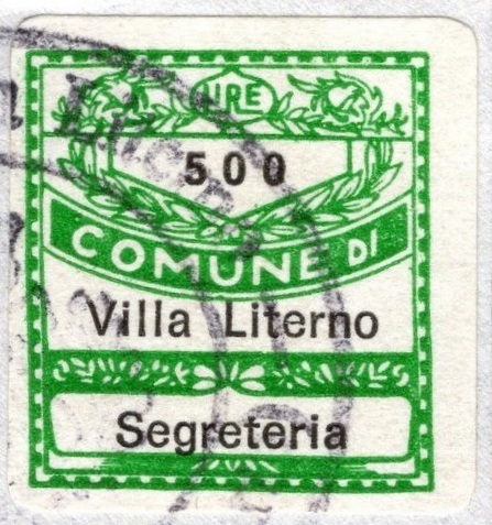 Marca da Bollo del Comune di VILLA LITERNO su Carta Bianca di dimensioni 18,5 x 26 mm
