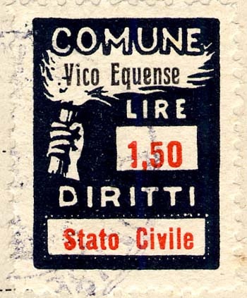 Marca da Bollo del Comune di VICO EQUENSE su Carta Bianca Sottile di dimensioni 18,5 x 25 mm