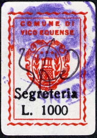 Marca da Bollo del Comune di VICO EQUENSE su Carta Bianca di dimensioni 18 x 27 mm