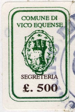 Marca da Bollo del Comune di VICO EQUENSE su Carta Bianca di dimensioni 17,5 x 28 mm