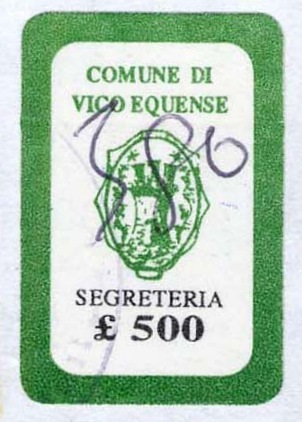 Marca da Bollo del Comune di VICO EQUENSE su Carta Bianca di dimensioni 18 x 27 mm