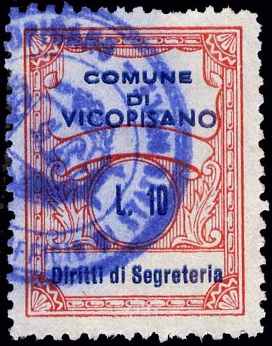 Marca da Bollo del Comune di VICOPISANO su Carta Bianca Sottile di dimensioni 22 x 28,5 mm