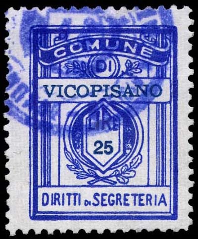 Marca da Bollo del Comune di VICOPISANO su Carta Bianca Sottile di dimensioni 21,5 x 28,5 mm