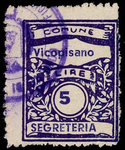 Marca da Bollo del Comune di VICOPISANO su Carta Bianca di dimensioni 22,5 x 29 mm