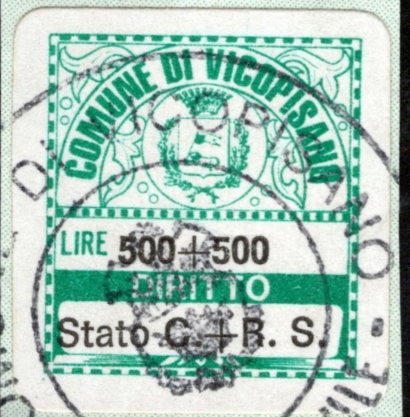 Marca da Bollo del Comune di VICOPISANO su Carta Bianca di dimensioni 20 x 20 mm