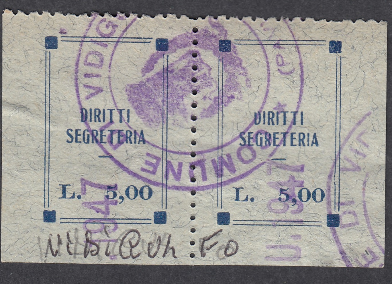 Marca da Bollo del Comune di VIDIGULFO su Carta Colorata di dimensioni 17,5 x 26,5 mm