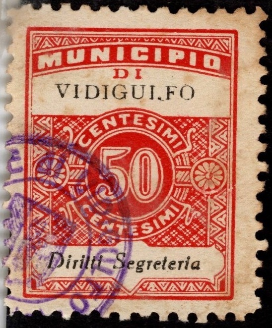 Marca da Bollo del Comune di VIDIGULFO su Carta Colorata di dimensioni 22 x 28 mm
