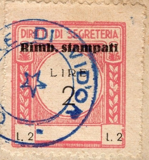 Marca da Bollo del Comune di VIDOR su Carta Colorata di dimensioni 26 x 26 mm