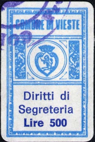 Marca da Bollo del Comune di VIESTE su Carta Bianca di dimensioni 18 x 29 mm