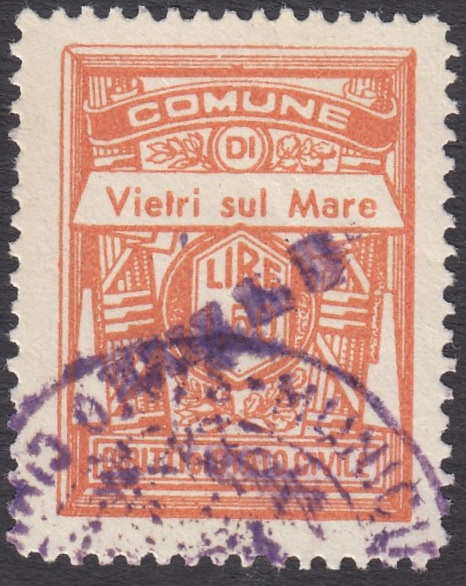 Marca da Bollo del Comune di VIETRI SUL MARE su Carta Bianca di dimensioni 21 x 29 mm