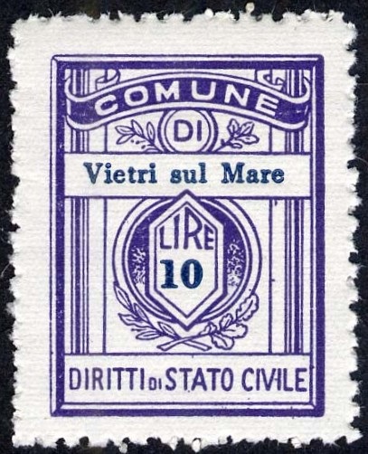 Marca da Bollo del Comune di VIETRI SUL MARE su Carta Bianca di dimensioni 21 x 27,5 mm