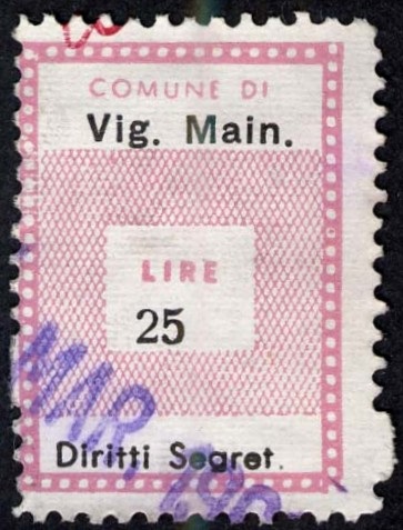 Marca da Bollo del Comune di VIGARANO MAINARDA su Carta Bianca di dimensioni 19,5 x 30 mm