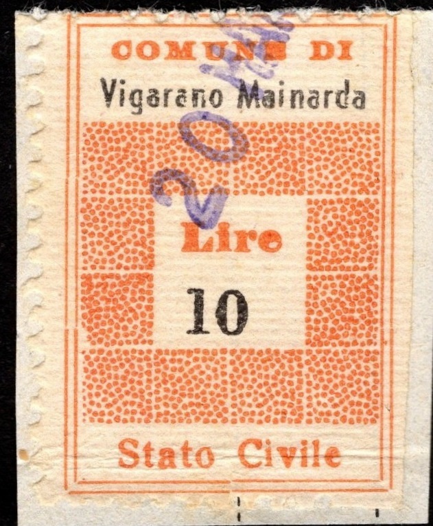 Marca da Bollo del Comune di VIGARANO MAINARDA su Carta Bianca di dimensioni 19,5 x 30 mm