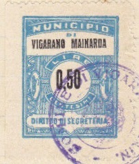 Marca da Bollo del Comune di VIGARANO MAINARDA su Carta Bianca di dimensioni mm