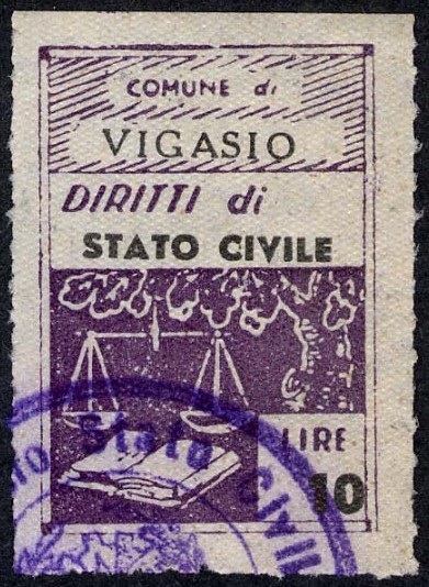 Marca da Bollo del Comune di VIGASIO su Carta Bianca di dimensioni 21,5 x 31,5 mm