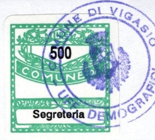 Marca da Bollo del Comune di VIGASIO su Carta Bianca di dimensioni 19 x 21 mm