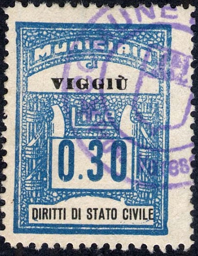 Marca da Bollo del Comune di VIGGIU´ su Carta Bianca di dimensioni 21,5 X 30 mm