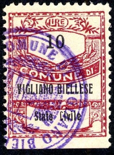 Marca da Bollo del Comune di VIGLIANO BIELLESE su Carta Bianca Sottile di dimensioni 22 x 28,5 mm