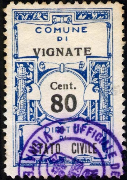 Marca da Bollo del Comune di VIGNATE su Carta Bianca di dimensioni 22 x 35 mm