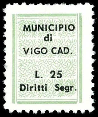 Marca da Bollo del Comune di VIGO DI CADORE su Carta Bianca di dimensioni 22 x 28 mm