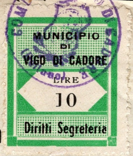 Marca da Bollo del Comune di VIGO DI CADORE su Carta Bianca di dimensioni 23 x 28 mm