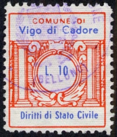Marca da Bollo del Comune di VIGO DI CADORE su Carta Bianca di dimensioni 21 x 25 mm