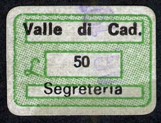 Marca da Bollo del Comune di VIGO DI CADORE su Carta Bianca di dimensioni 19 x 14,5 mm
