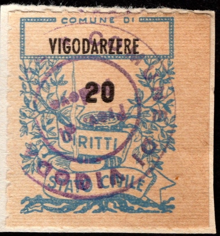 Marca da Bollo del Comune di VIGODARZERE su Carta Bianca di dimensioni 18,5 x 26 mm