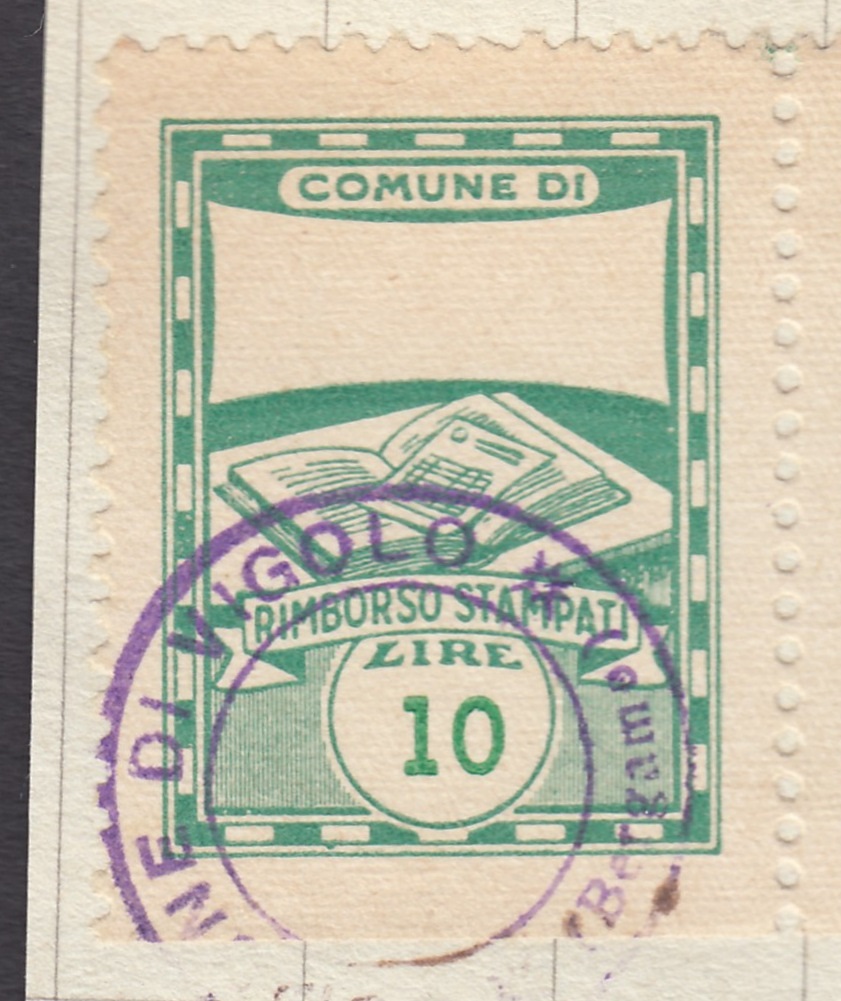 Marca da Bollo del Comune di VIGOLO su Carta Bianca di dimensioni 22 x 29 mm