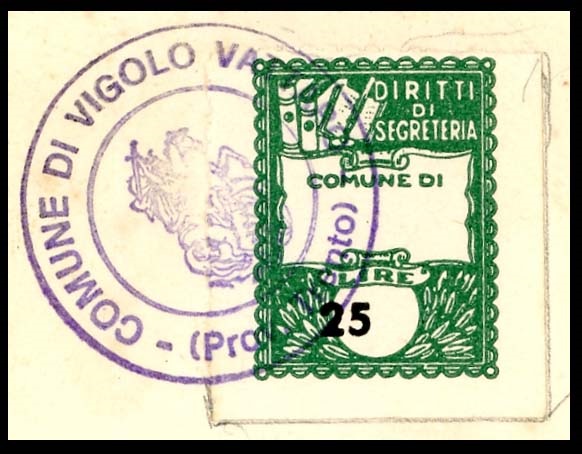Marca da Bollo del Comune di VIGOLO VATTARO su Carta Bianca di dimensioni 22 x 29 mm