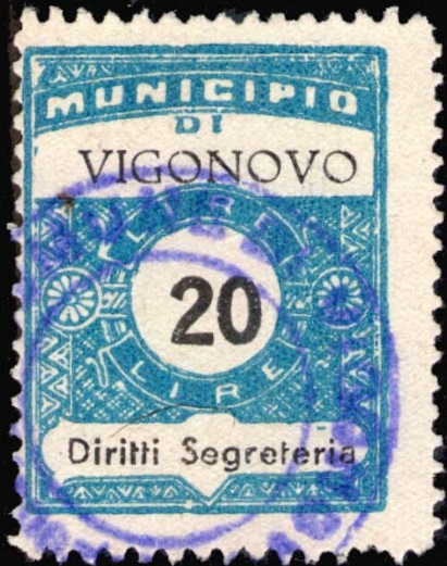 Marca da Bollo del Comune di VIGONOVO su Carta Bianca Sottile di dimensioni 22 x 29 mm