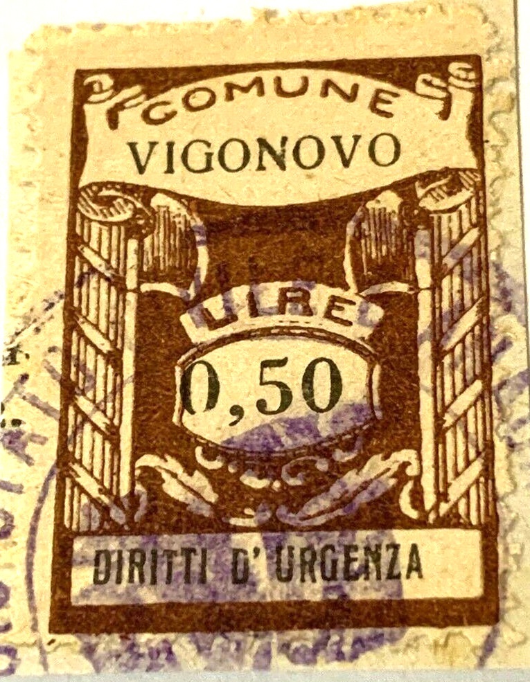 Marca da Bollo del Comune di VIGONOVO su Carta Bianca Sottile di dimensioni 22 x 29 mm