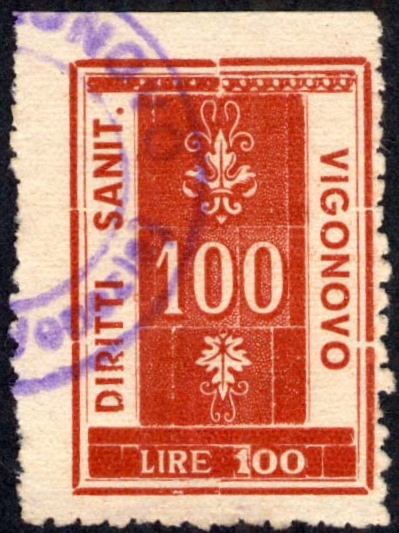 Marca da Bollo del Comune di VIGONOVO su Carta Bianca di dimensioni 20 x 29 mm