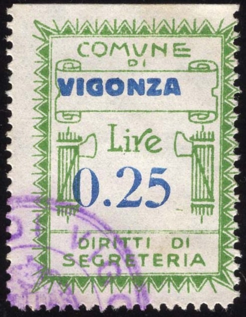 Marca da Bollo del Comune di VIGONZA su Carta Bianca di dimensioni 23 x 29 mm