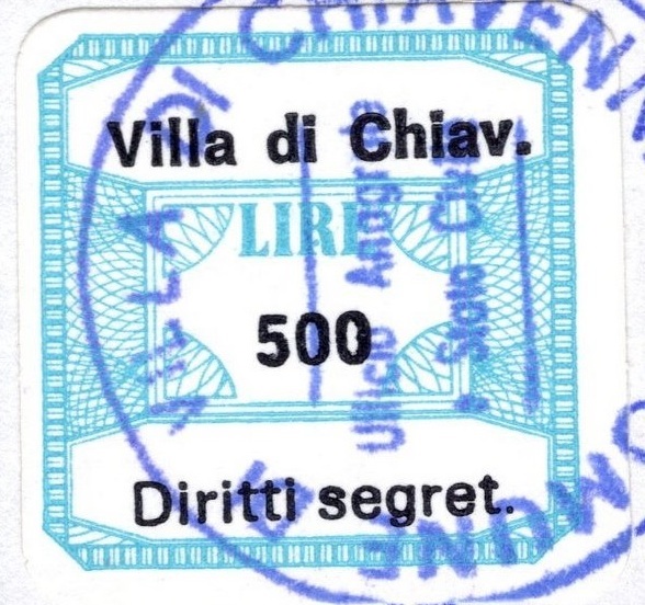 Marca da Bollo del Comune di VILLA DI CHIAVENNA su Carta Bianca di dimensioni 20 x 20 mm