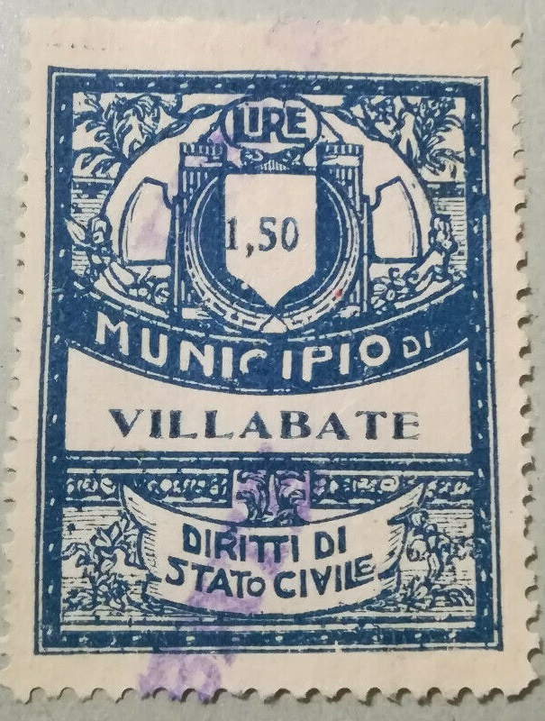 Marca da Bollo del Comune di VILLABATE su Carta Bianca di dimensioni 23 X 30 mm